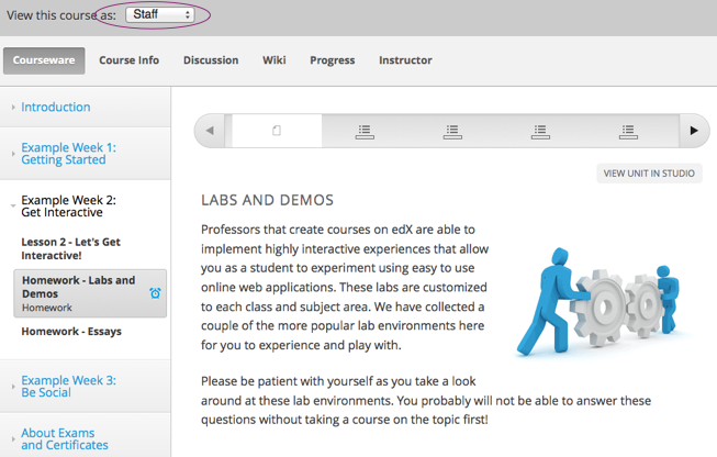 Image of the Courseware page in a live course with Staff View indicated at top right and a View Unit in Studio button