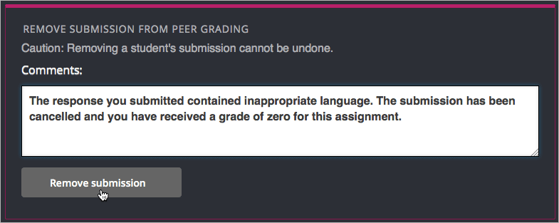 Dialog allowing comments to be entered when removing a learner submission