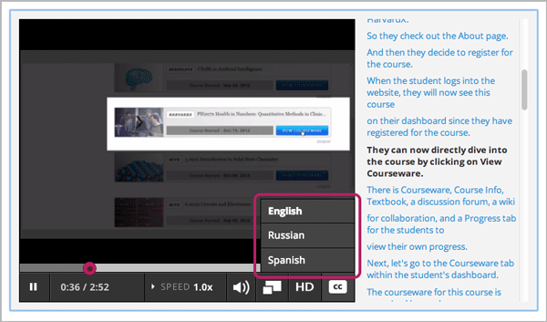 Video playing with language options visible.