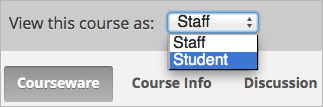 Image of the "View Course As" dropdown list with Staff, Student, and named content group options shown.