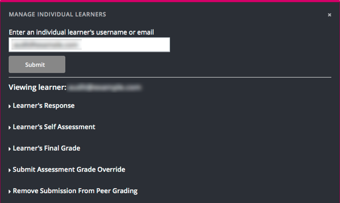 The expandable sections on the Manage Individual Learners page.