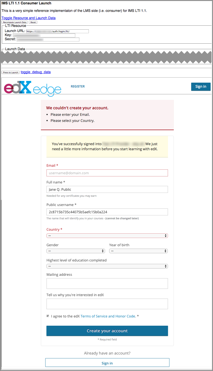 Screen shot of the IMS LTI 1.1 Consumer Launch page with the registration page for the edX Edge loaded at the bottom.