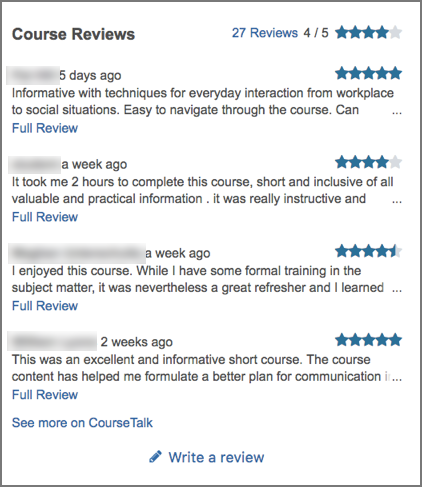 Examples of course reviews on a course's About page.