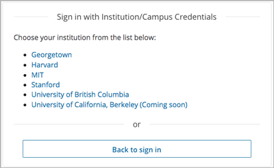 Screen shot of the list of enabled IdPs. Each IdP name is linked to the sign in page for the corresponding authentication system.
