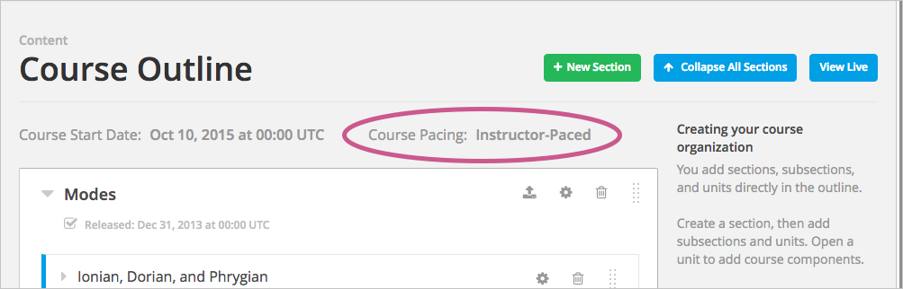 The Course Outline page with a call-out for the indicator that the course is instructor-paced.
