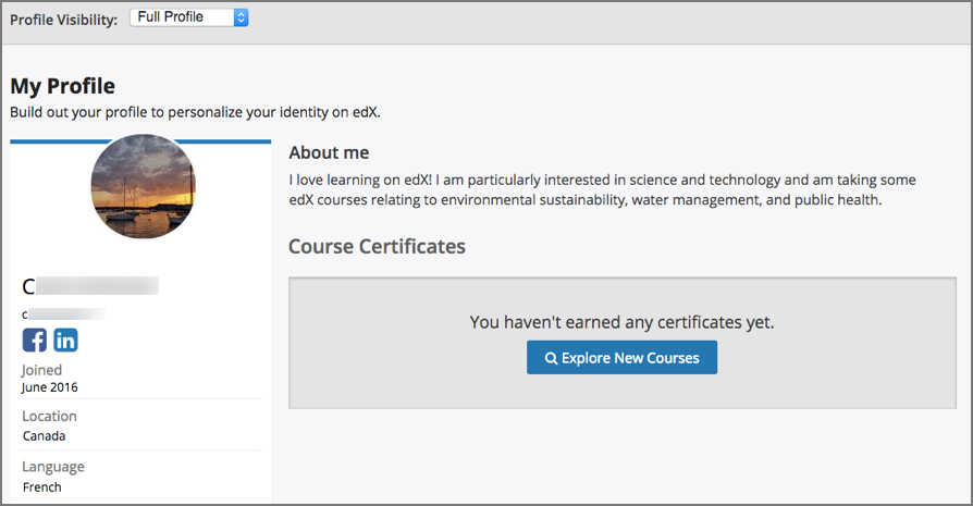 A learner's full profile shows full name, join date, location, language, biographical information, links to course certificates, and linked social media icons, in addition to username and profile image.