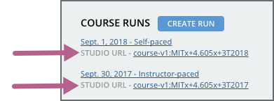 A course page in Publisher with arrows pointing to two Studio URLs for different course runs.