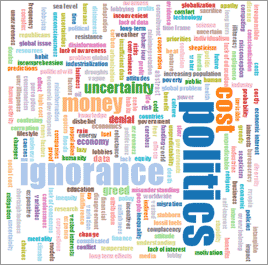 Image of a word cloud problem. Contributed words are displayed in different colors and arranged horizontally and vertically in the resulting word cloud graphic. The more often a word is contributed, the larger it appears.