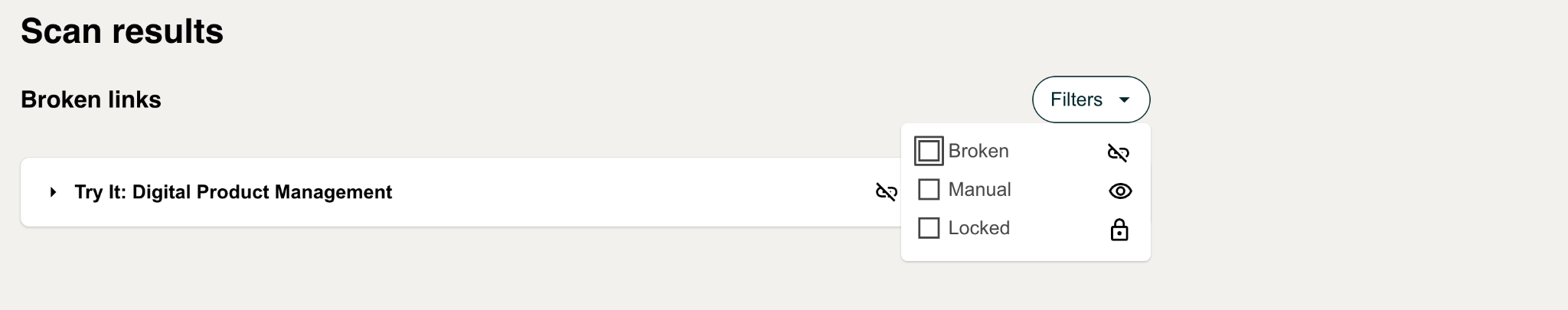 The Filters menu on the scan results page.