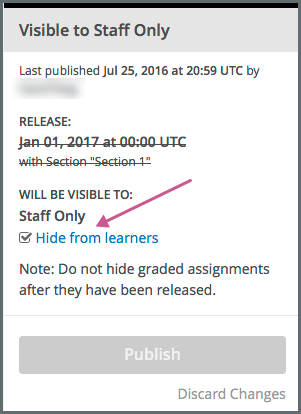 Status panel of a unit that is hidden from learners, with an icon and "Hide from learners" text visible.