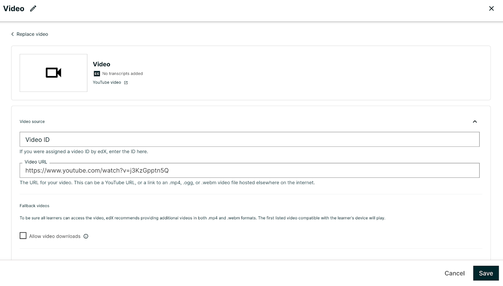 this screen shows the settings for the video and includes video ID and video URL as well as fields for fallback videos, a thumbnail, transcripts, duration, handout, and license.
