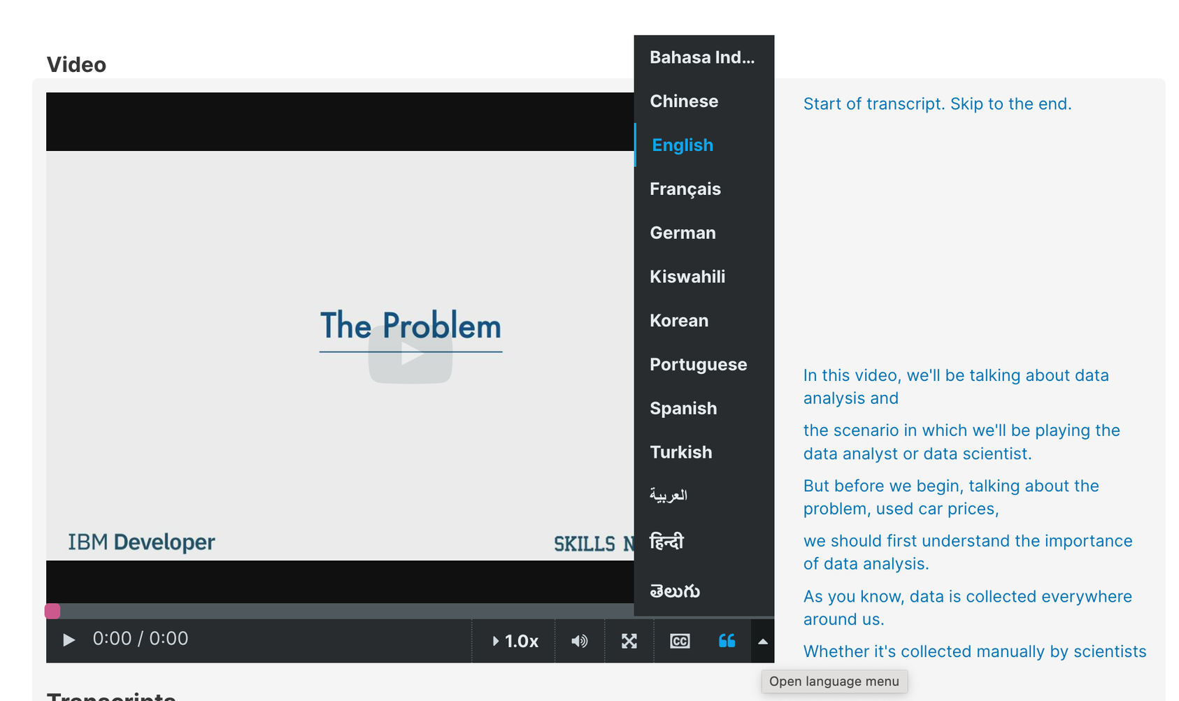 Course video player showing list of generated transcripts