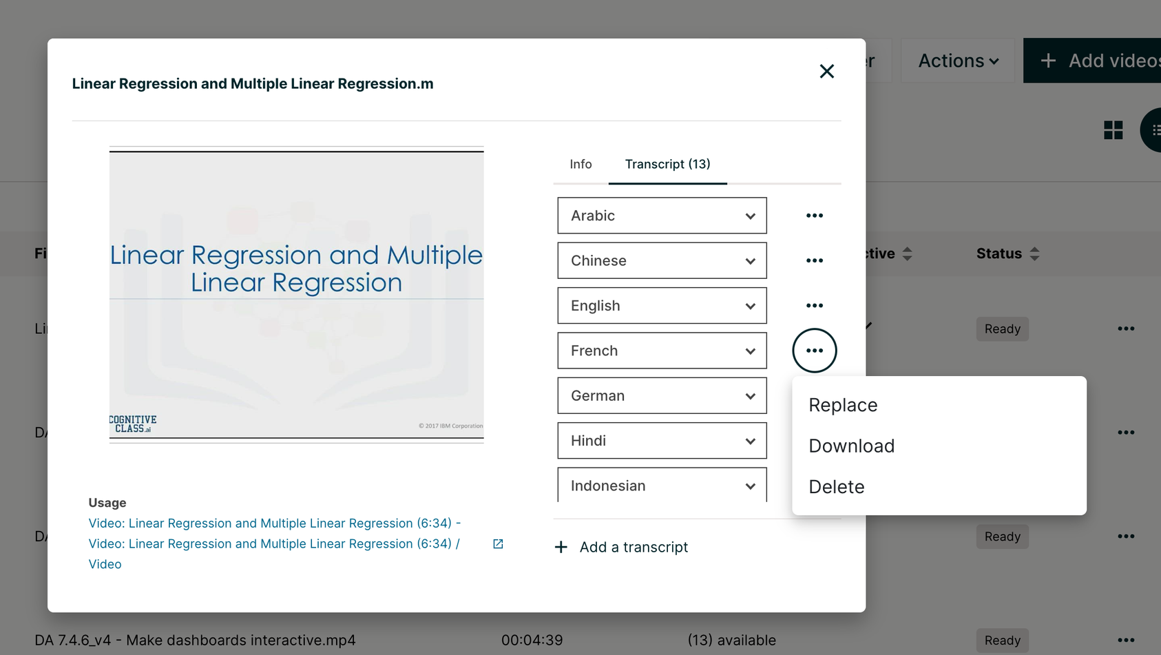 Studio page showing video transcript edit menu