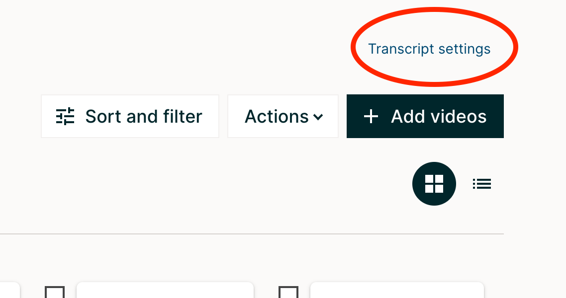 Studio page showing link to Transcript settings