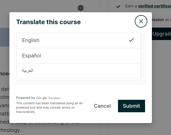 Course unit showing Xpert translations language selector