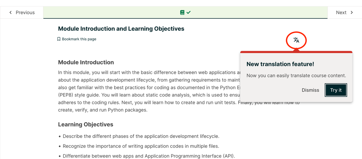 Course unit showing Xpert translations widget