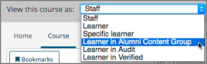 The "View this course as" drop down list, with a group selected.