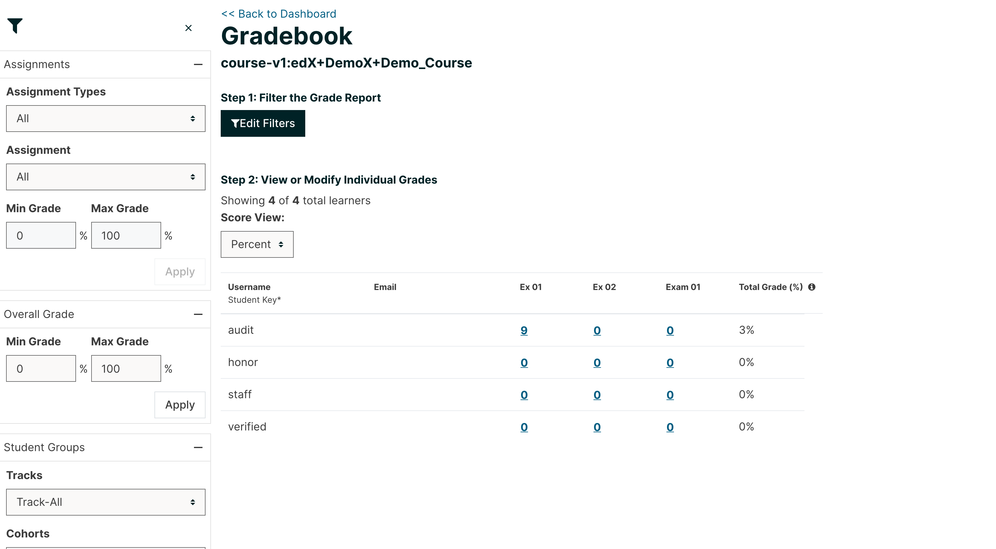Course gradebook with rows for learners and columns for assignments.
