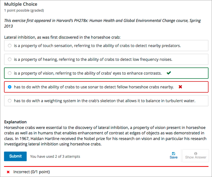 An incorrectly answered single select problem shown in the LMS. One of the answer options was incorrectly selected. An explanation appears below the answer options.