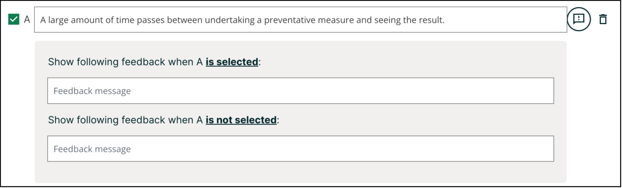 An example of an expanded feedback section for multi-select problems showing the 'is selected' and 'is not selected' feedback fields.