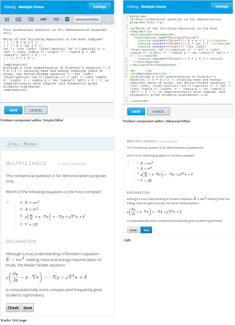 Image of a problem component with MathJax in both the Visual and HTML views