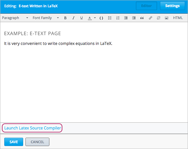 Image of the HTML component editor with the LaTeX compiler.