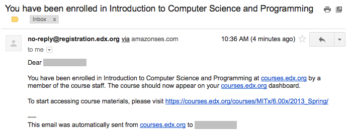 Email message inviting a student to enroll in an edx.org course