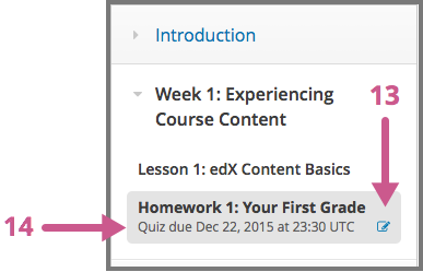 A section and its subsections in the course navigation pane, with numbered callouts for the graded content icon and the due date.