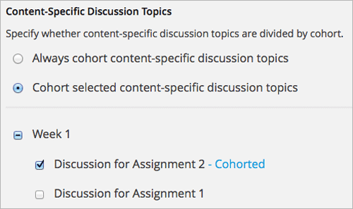 Content specific discussion topics controls with the "Cohort selected content specific discussion topics" option selected.