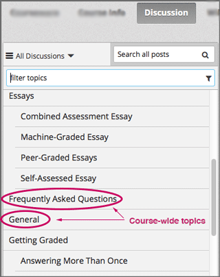 Discussion topics are listed on the Discussion page when you select the drop-down list at the left side of the page.