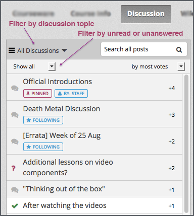 The discussion navigation pane with callouts to identify the top filter to select one topic and the filter below it to select by state.