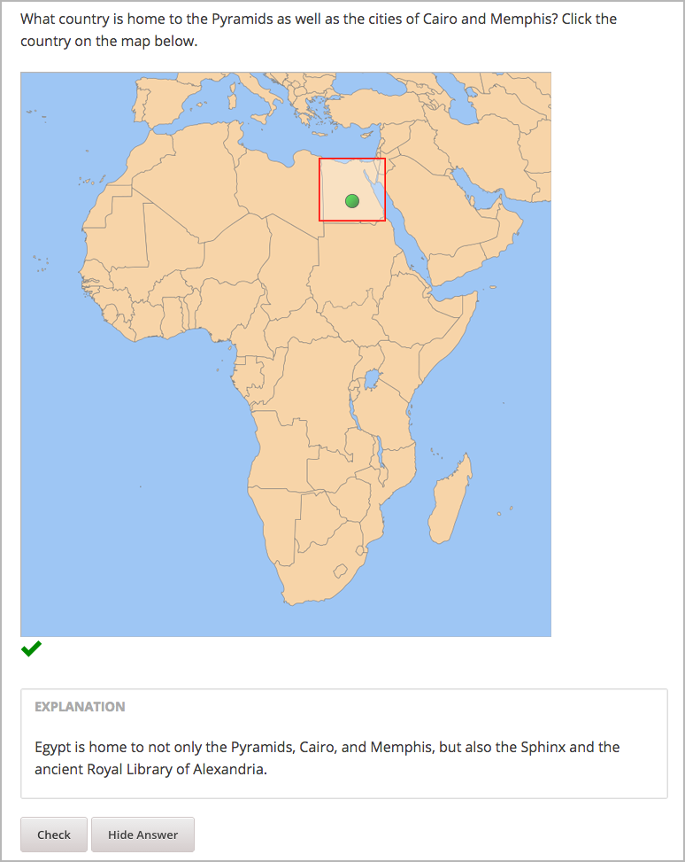 Problem that asks learners to click inside Egypt on a map of Africa.