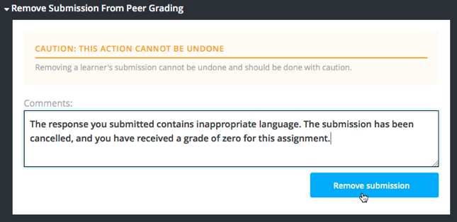 Dialog allowing comments to be entered when removing a learner submission.