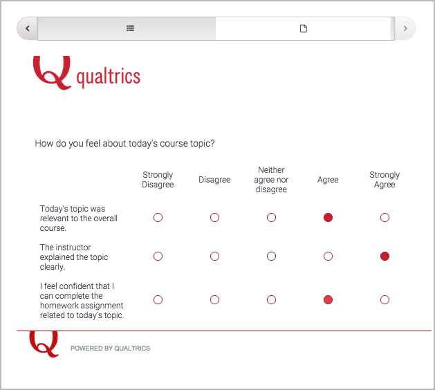 A Qualtrics survey with several responses filled in.