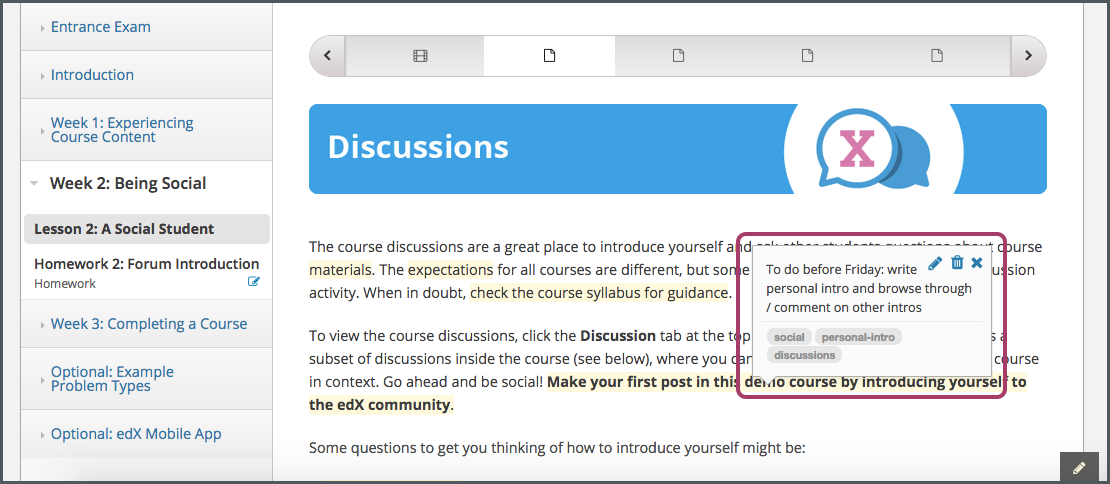 Image of a course page that includes highlighted text and a note.