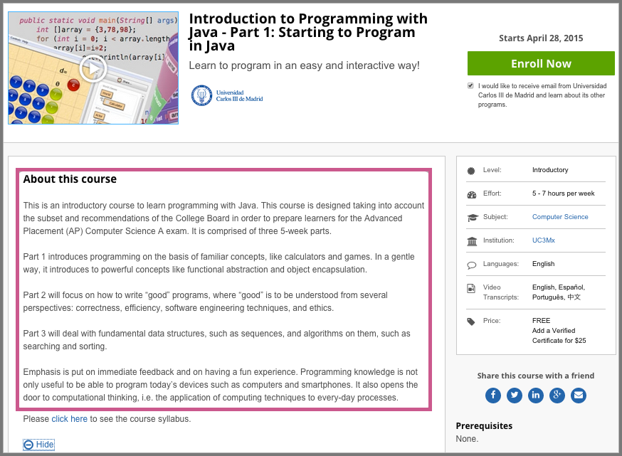 A course About page with the description circled.