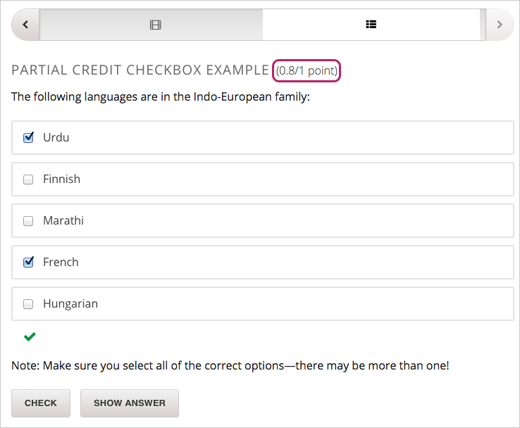A checkbox choice problem with partial credit for two out of three answers.