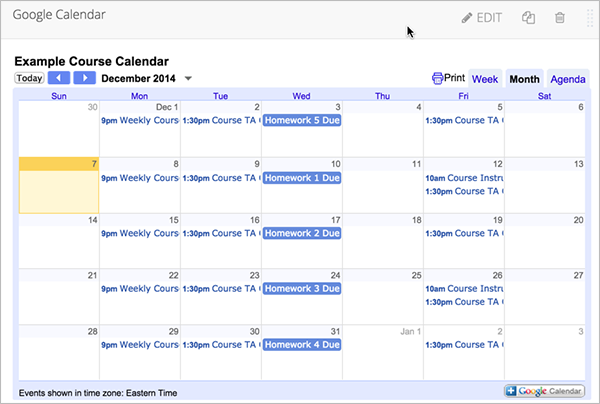 The Google Calendar component in a unit page.