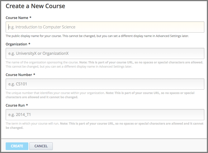 Image of the Create New Course page