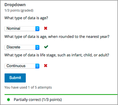 A problem component that contains a series of three dropdown problems. The questions have been answered, and two are marked incorrect and one correct.