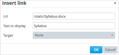 An image of the Insert link dialog box with a link to a file and the link text Syllabus.