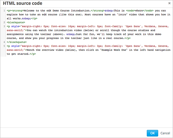 The HTML source code editor for the visual editor in Studio.