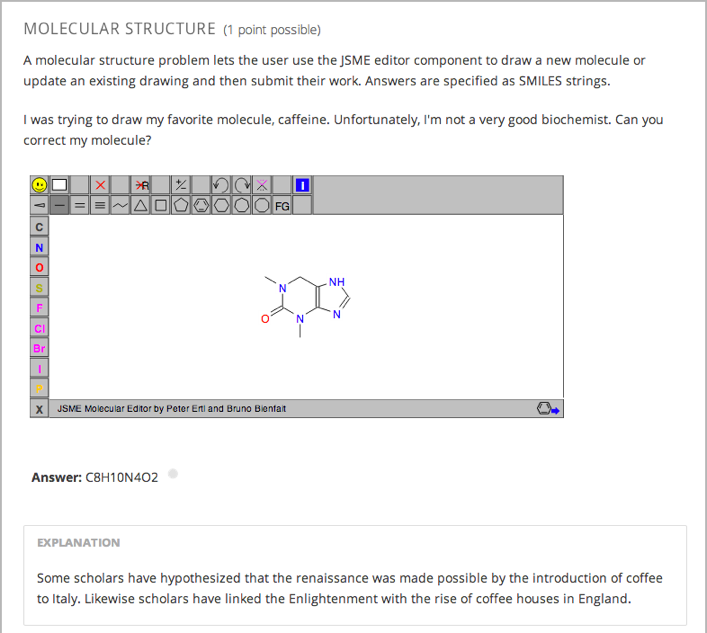 An example molecule editor problem that asks learners to draw a caffeine molecule using the editor. The correct answer and explanation are shown.