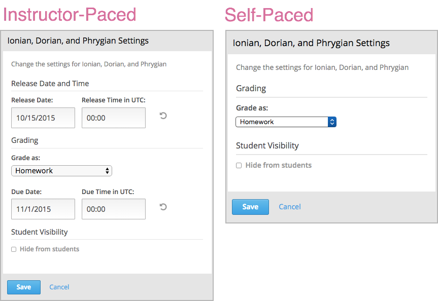 Side-by-side comparison of subsection settings for instructor-led and self-paced courses, showing release and due date options for the instructor-led course.