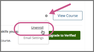 A learner's dashboard of courses with the course settings menu open for a course. An arrow indicates the Course Settings icon, and the Unenroll menu option is circled.