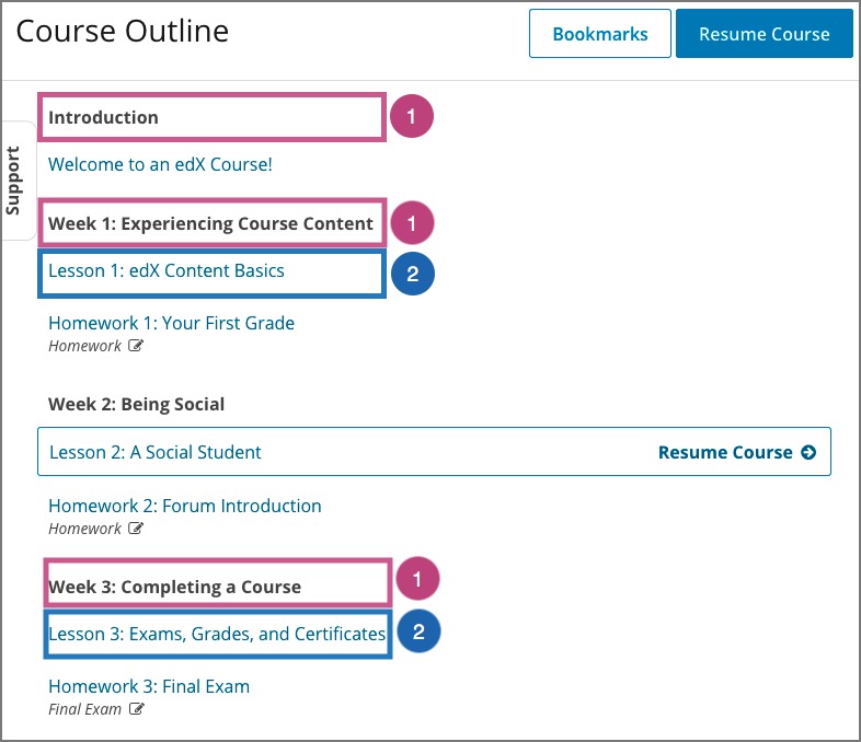 Sections and subsections in the course outline in the LMS.