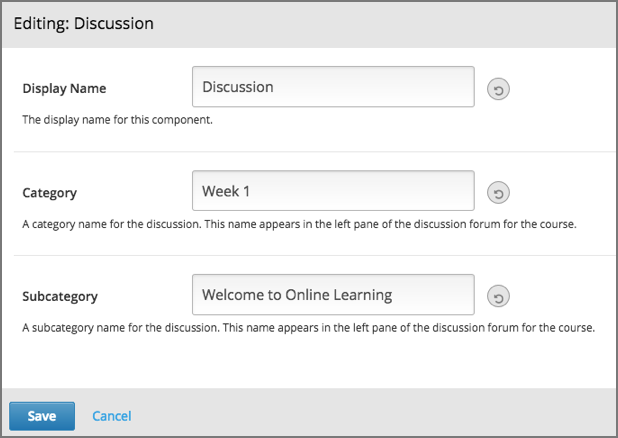 An image of the discussion component editor with a category of "Getting Graded" and a subcategory of "Answering More Than Once".