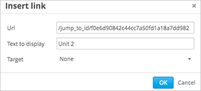 An image of the Insert link dialog box with a link to a unit identifier.