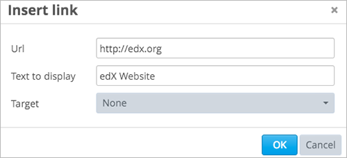 An image of of the Insert link dialog box with a link to edx.org and the link text edX Website.