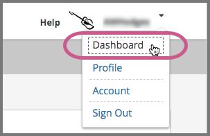 The menu that appears on the website when you select the dropdown icon next to your username. The Dashboard option is circled, and the other options are Profile, Account, and Sign Out.